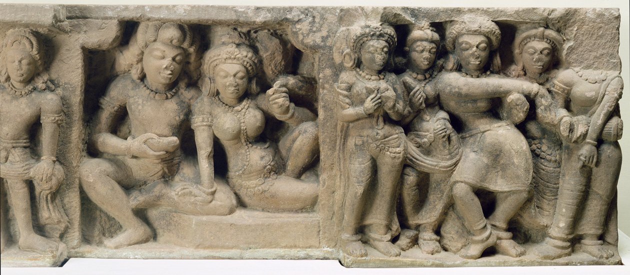 दशावतार मंदिर, देवगढ़, एमपी, 5 वीं शताब्दी से नृत्य प्रदर्शन का आनंद ले रहे प्रेमियों की पत्थर पर नक्काशी द्वारा अज्ञात अज्ञात