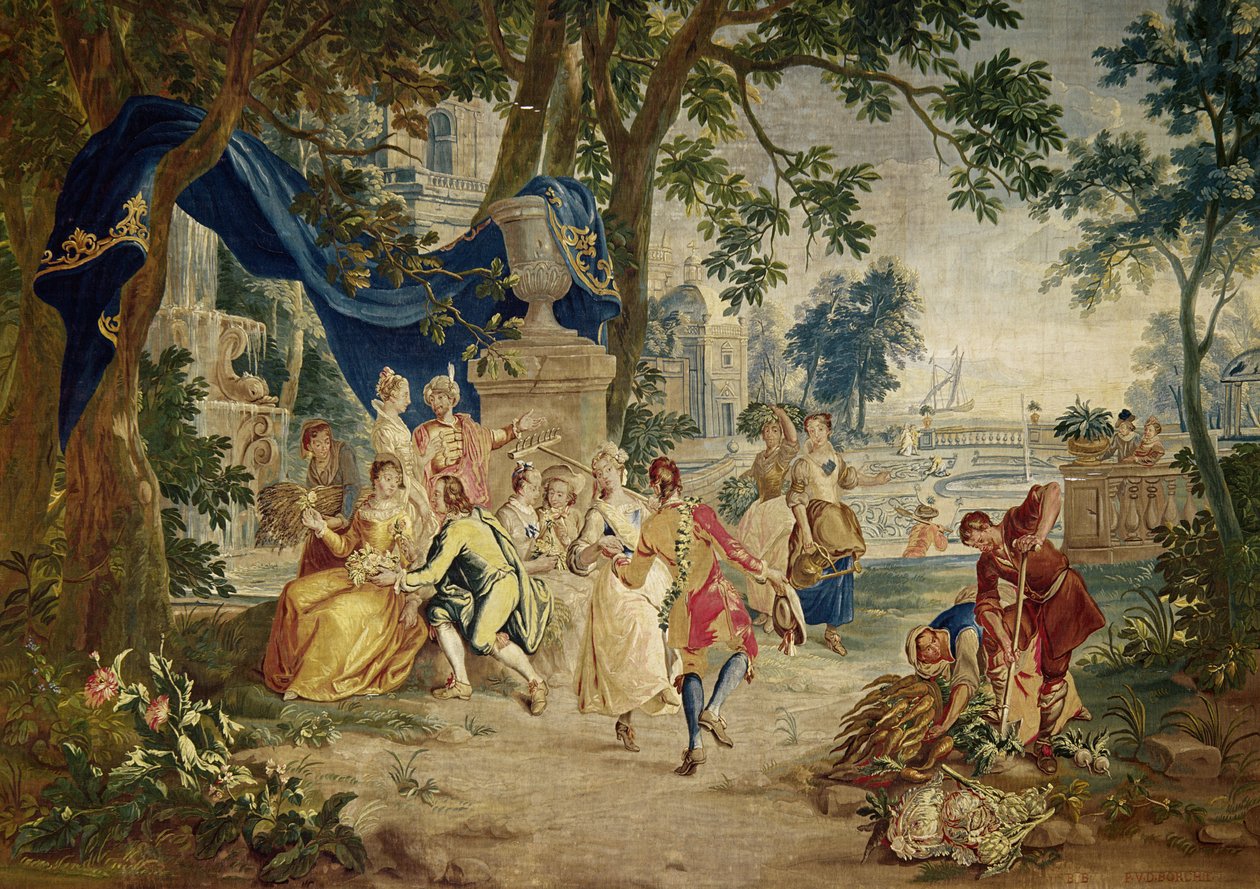 D.Teniers के बाद का गाँव Fete, LeClerc और J.van der Borg द्वारा बुना गया, 17 वीं शताब्दी के अंत में, शायद लुकास अचस्चेलिंग द्वारा डिज़ाइन किया गया लैंडस्केप सेटिंग। द्वारा अज्ञात अज्ञात