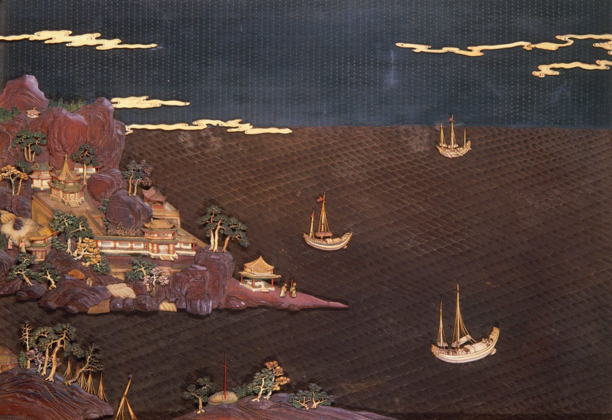 एक समकालीन प्रिंट, डायपर काम, c.1785 (लाह) से लिया गया समुद्री दृश्य के साथ ट्रे द्वारा अज्ञात अज्ञात