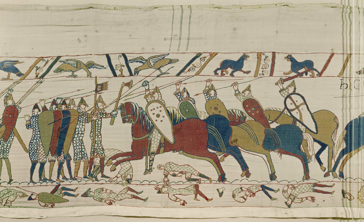 अंग्रेजी ढाल-दीवार पर हमला किया जाता है और लड़ाई में शामिल हो जाता है, Bayeux Tapestry द्वारा अज्ञात अज्ञात