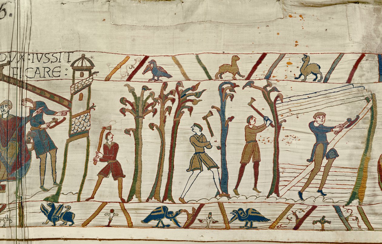 नॉर्मन बेड़े के लिए जहाज बनाने के लिए पेड़ों को काट दिया जाता है, Bayeux Tapestry द्वारा अज्ञात अज्ञात