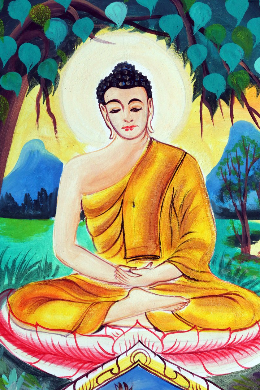 20151029, वियनतियाने, लाओस: वाट इनपेंग बौद्ध मंदिर। शाक्यमुनि बुद्ध की जीवन गाथा को दर्शाती पेंटिंग। ध्यान मुद्रा में बैठे बुद्ध द्वारा अज्ञात