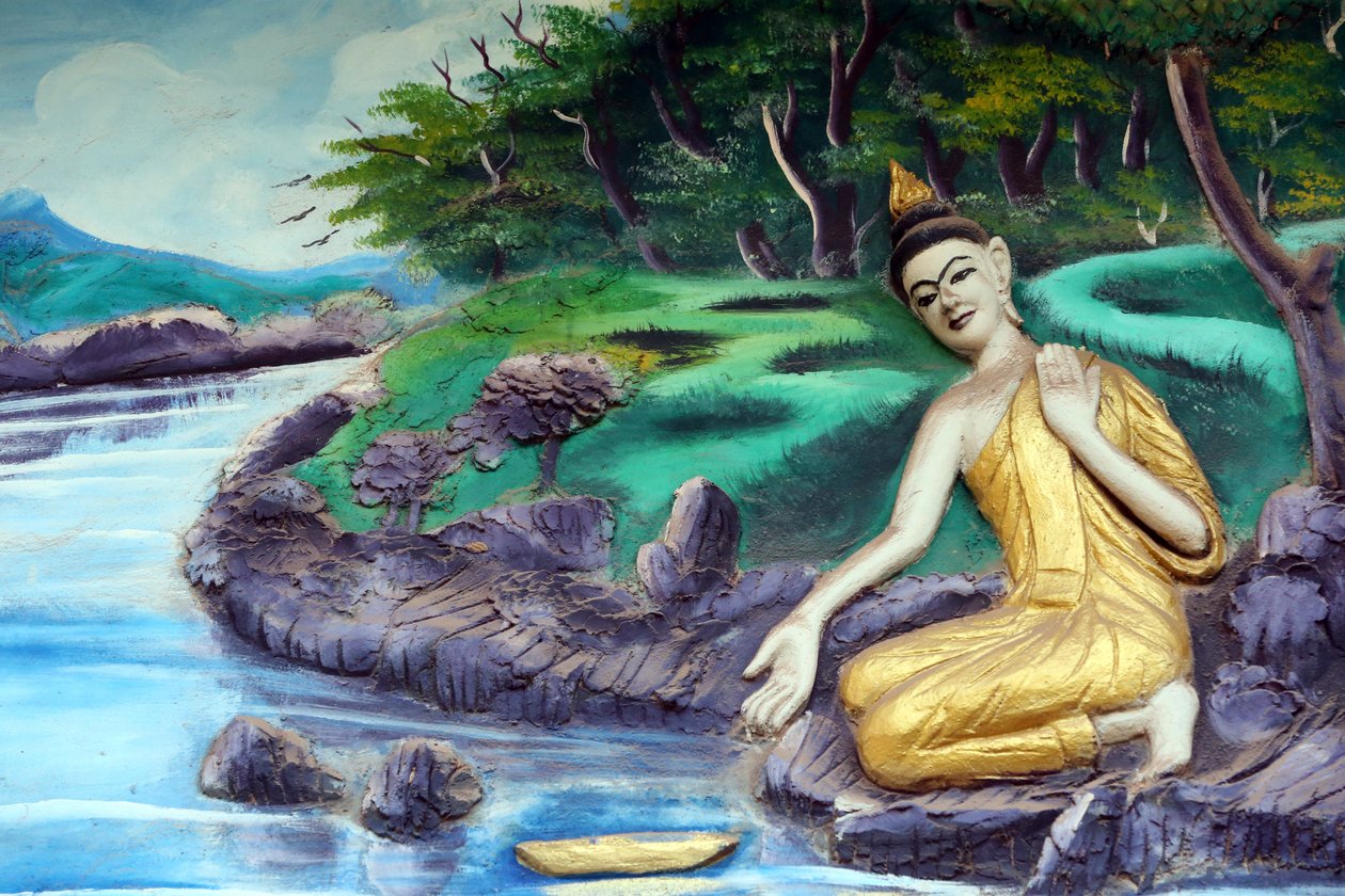 20151029, वियनतियाने, लाओस: वाट इनपेंग बौद्ध मंदिर। शाक्यमुनि बुद्ध की जीवन गाथा को दर्शाती पेंटिंग। नदी में स्नान द्वारा अज्ञात