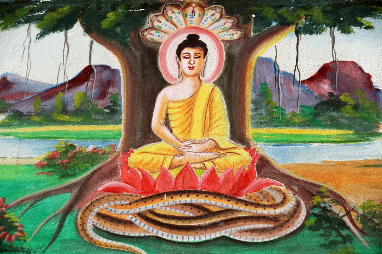 20151102, वांग विएंग, लाओस: शाक्यमुनि बुद्ध के जीवन की कहानी को दर्शाती पेंटिंग। बोधिवृक्ष के नीचे ध्यान मुद्रा में बैठे बुद्ध द्वारा अज्ञात