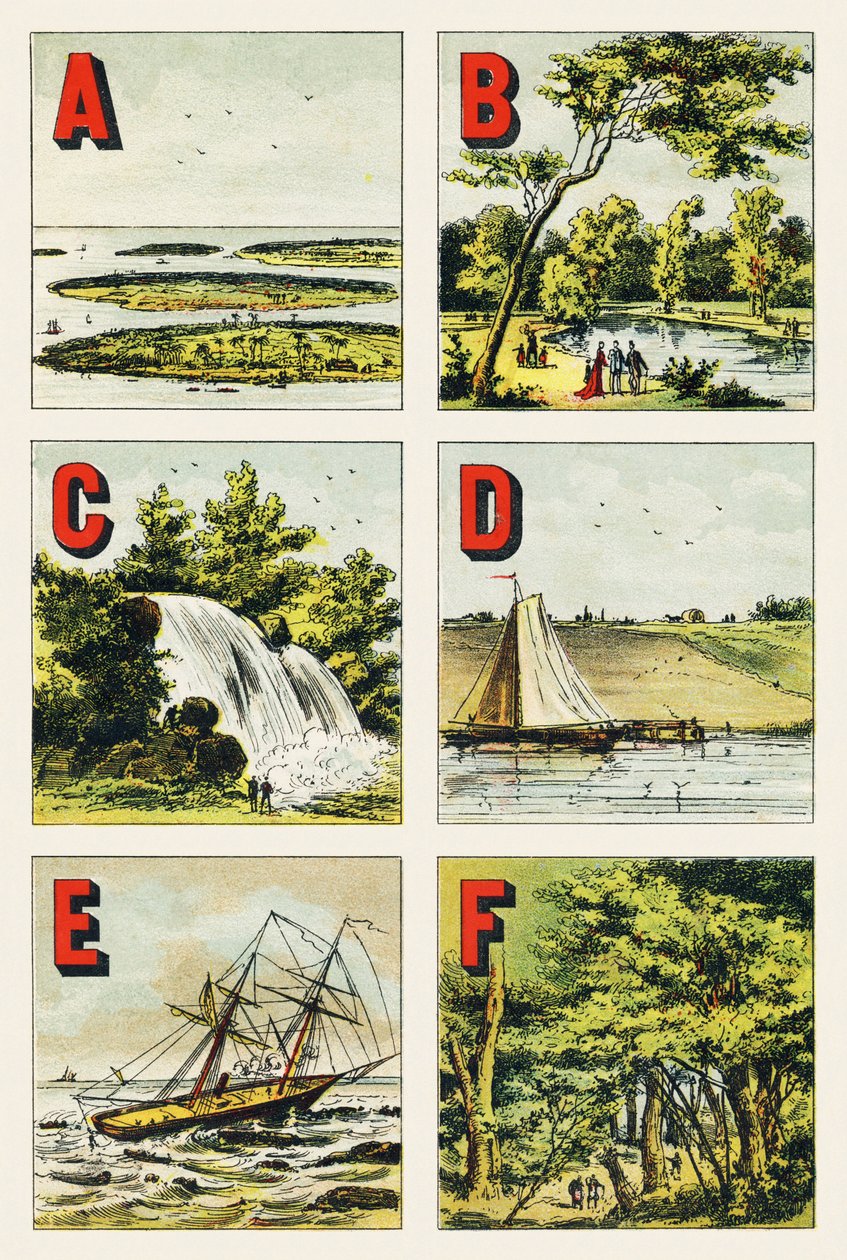 ABCDEF: द्वीपसमूह, Bois de Boulogne, झरना, बांध, चट्टान, फॉनटेनब्लियू का जंगल - वर्णमाला भौगोलिक से निकाली गई उत्कीर्णन। गुएरिन-मुलर एट सी, संपादक, पेरिस द्वारा अज्ञात