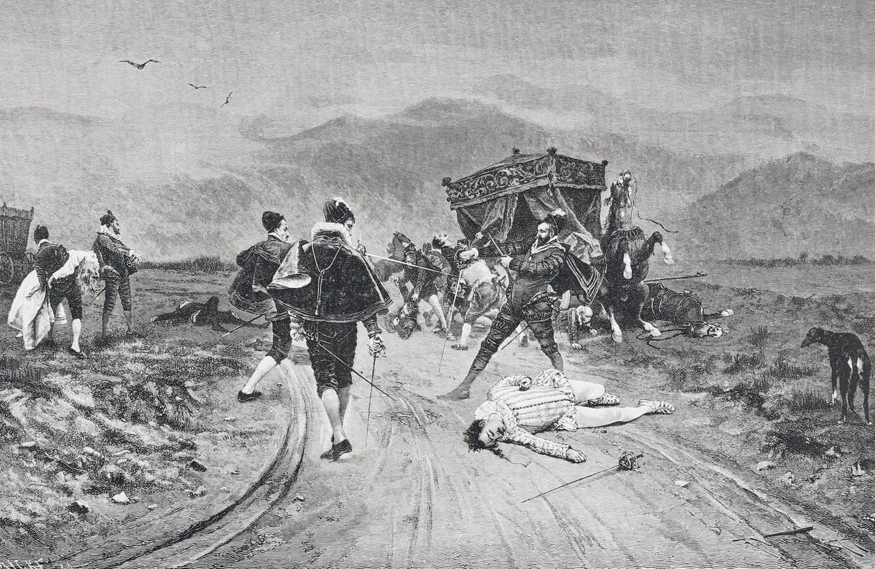 1887 में प्रकाशित 'ला इलस्ट्रसियन आर्टिस्टिका' से 17वीं सदी के मध्य में एक कोच पर हमला द्वारा अज्ञात