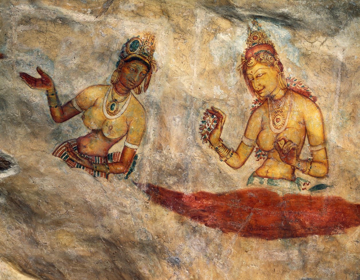 अप्सराएं, फूल चढ़ाती स्वर्गीय अप्सराएं, भित्तिचित्र, सिगिरिया का किलाबंद गढ़ (यूनेस्को विश्व धरोहर सूची) द्वारा अनजान कलाकार