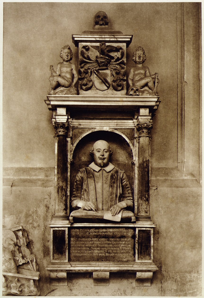 विलियम शेक्सपियर की प्रतिमा (1564-1616) और शिलालेख (बी/डब्ल्यू फोटो) द्वारा अज्ञात