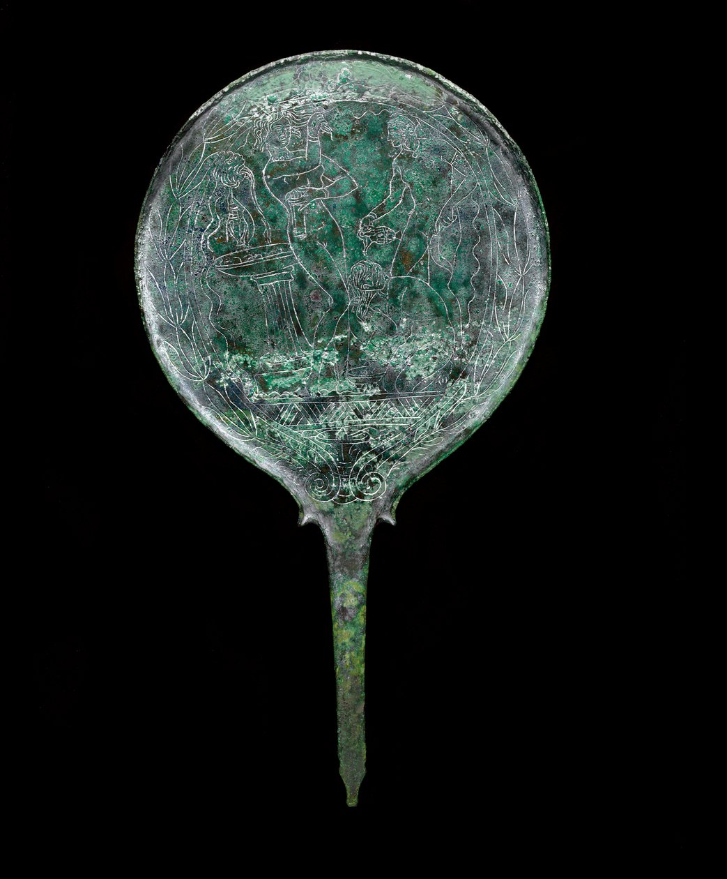 शॉर्ट फ्लेयरिंग एक्सटेंशन के साथ कास्ट डिस्क मिरर, प्रीनस्टे, c.4th - तीसरी शताब्दी ईसा पूर्व द्वारा अज्ञात