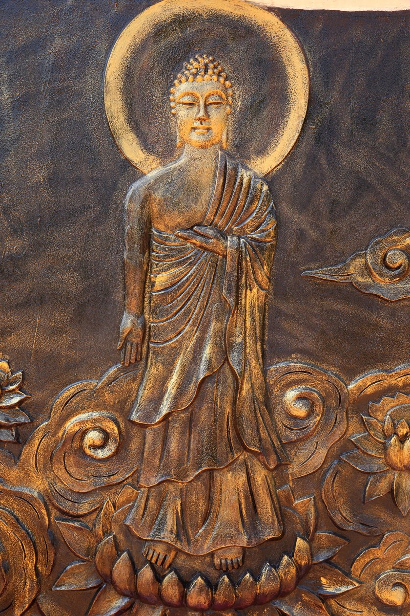 चुआ थिएन लाम गो बौद्ध शिवालय। शाक्यमुनि बुद्ध। वरद मुद्रा: दान का इशारा। थाय निन्ह। वियतनाम द्वारा अज्ञात