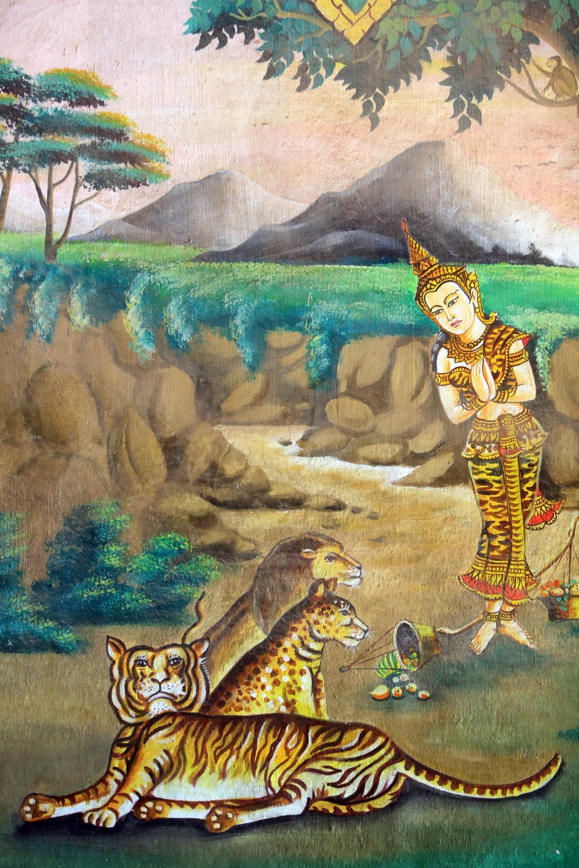 जानवरों के प्रति करुणा। शाक्यमुनि बुद्ध की जीवन गाथा को दर्शाती पेंटिंग। वाट नक्सई। वियनतियाने। लाओस, 20151106, वियनतियाने, लाओस द्वारा अज्ञात