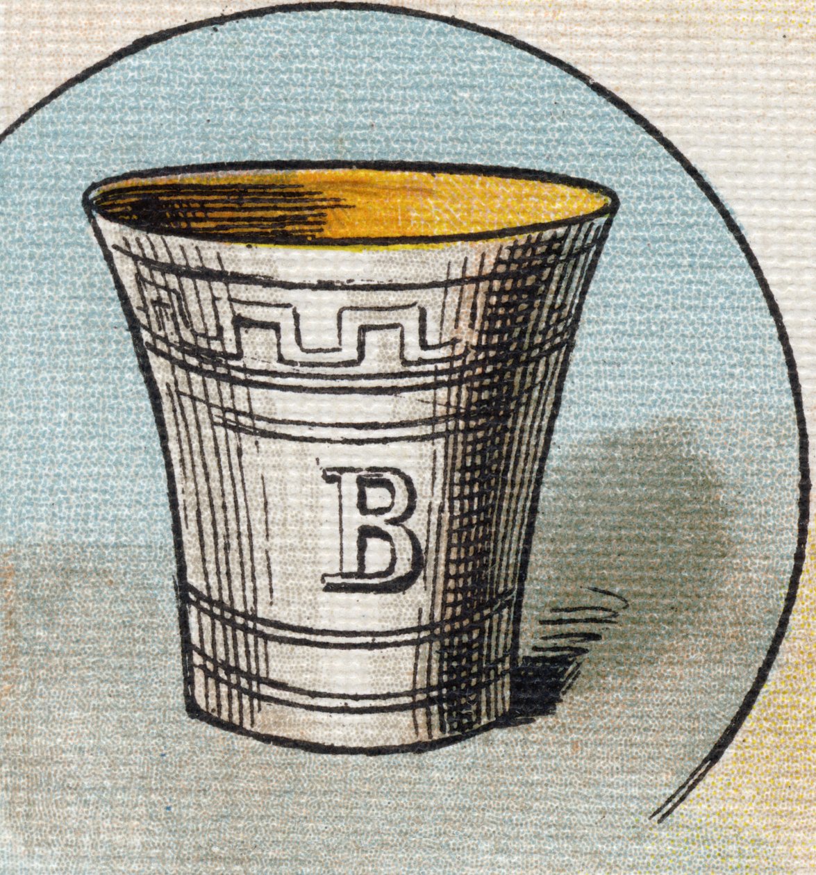 कप। "Alphabet de ma petite fille" में उत्कीर्णन। बर्नार्डिन-बेचेट एंड फिल्स, बुकसेलर-प्रकाशक, पेरिस, 1895 के आसपास। कैनवास पर अटूट एल्बम। बिब्लियोथेक डेस बेब्स। 12 पृष्ठ। एक पठन विधि और एक दृष्टांत सहायक युक्त एल्बम। मंद: २९, द्वारा अज्ञात