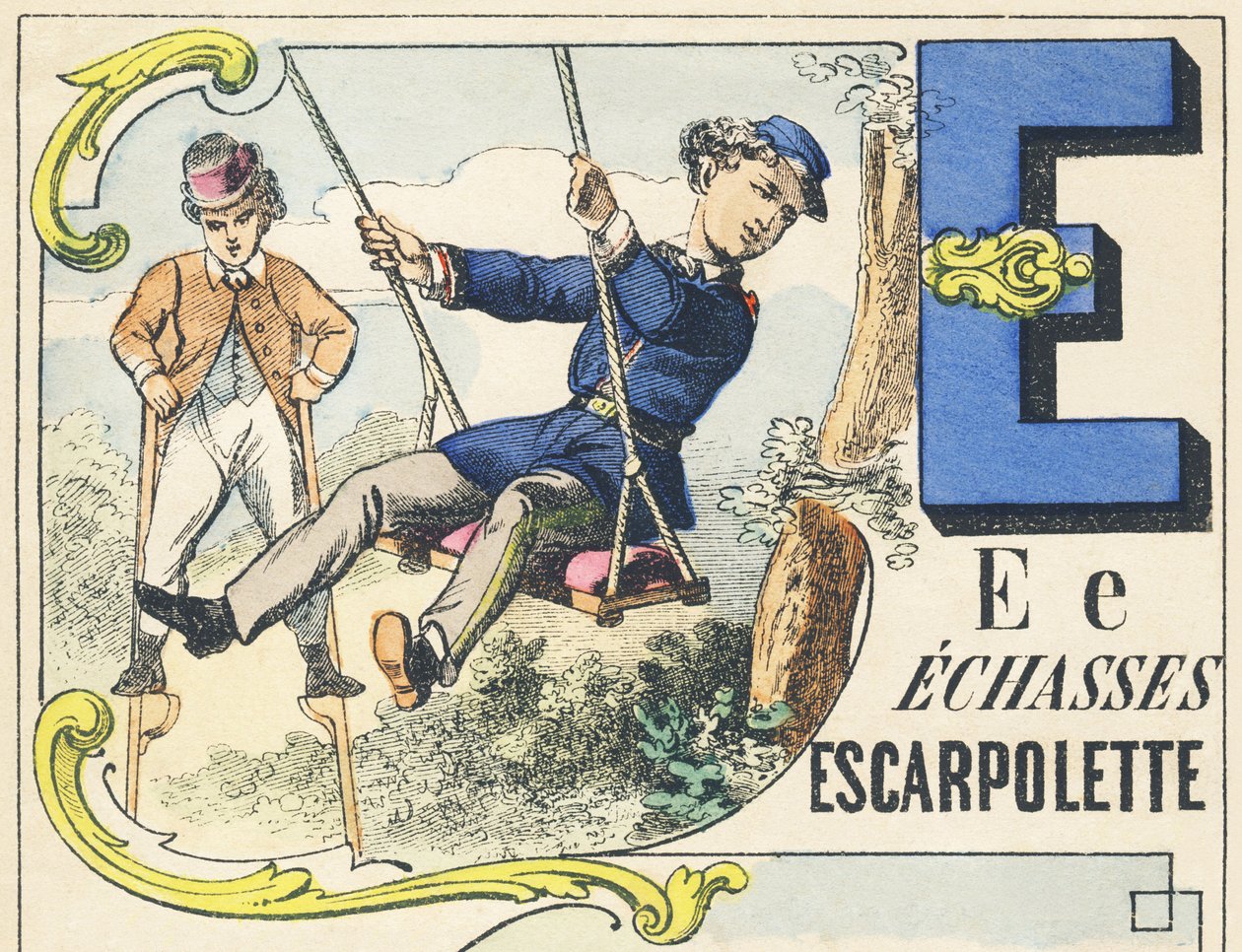 E : echasses, escarpolette - खेल वर्णमाला, c.1890 (चित्रण) द्वारा अज्ञात