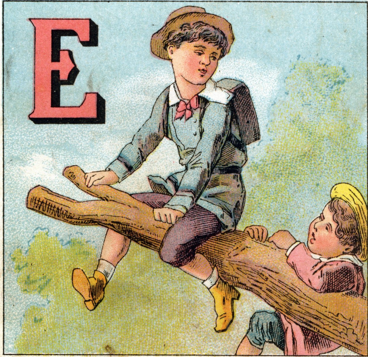 ई अक्षर: एक पेड़ की शाखा पर संतुलन में लड़का। "अल्फाबेट डेस पेटिट्स इकोलियर्स" में उत्कीर्णन। एपिनल की इमेजिंग, लगभग 1885। प्रिवी संग्रह द्वारा अज्ञात