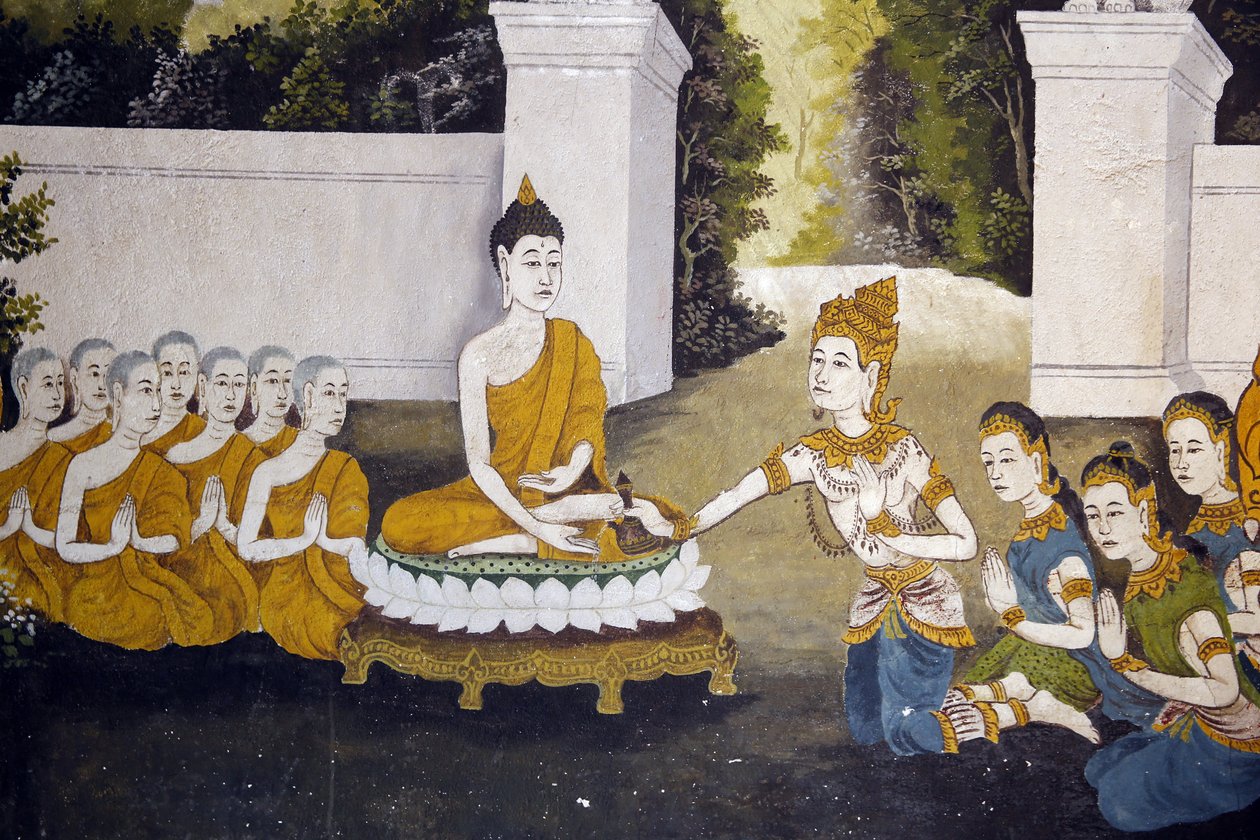 वाट फ्रा दोई सुथेप, चियांग माई में बुद्ध के जीवन के एक दृश्य को दर्शाने वाला फ्रेस्को। बुद्ध भिक्षा प्राप्त करते हैं। थाईलैंड द्वारा अज्ञात