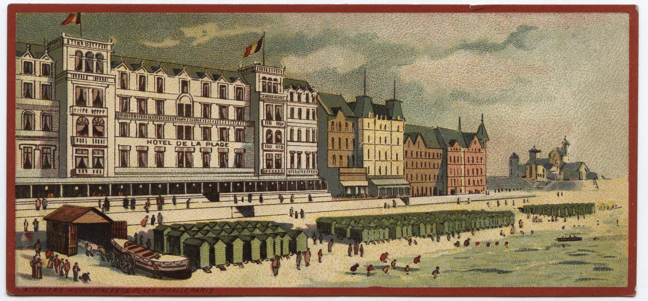 भव्य होटल: ओस्टेंड, बेल्जियम में होटल डे ला प्लाज का बाहरी दृश्य - 19वीं सदी के अंत से 20वीं सदी के प्रारंभ में "कॉम्पैनी इंटरनेशनेल डेस ग्रैंड्स होटल्स" के होटलों को प्रस्तुत करने वाली श्रृंखला का मानचित्र द्वारा अज्ञात कलाकार