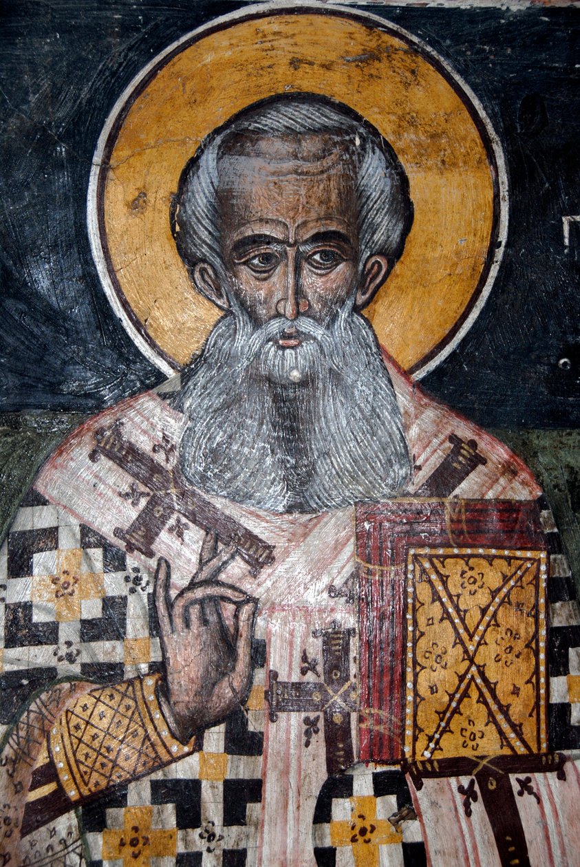 ग्रीक रूढ़िवादी ईसाई धर्म; प्राचीन बीजान्टिन भित्तिचित्र; बिशप निकोलस का भित्ति चित्र; पेट्रा में एगियोस निकोलास का चर्च; lesbos; एजियन समुद्र; यूनान; यूरोप द्वारा अज्ञात