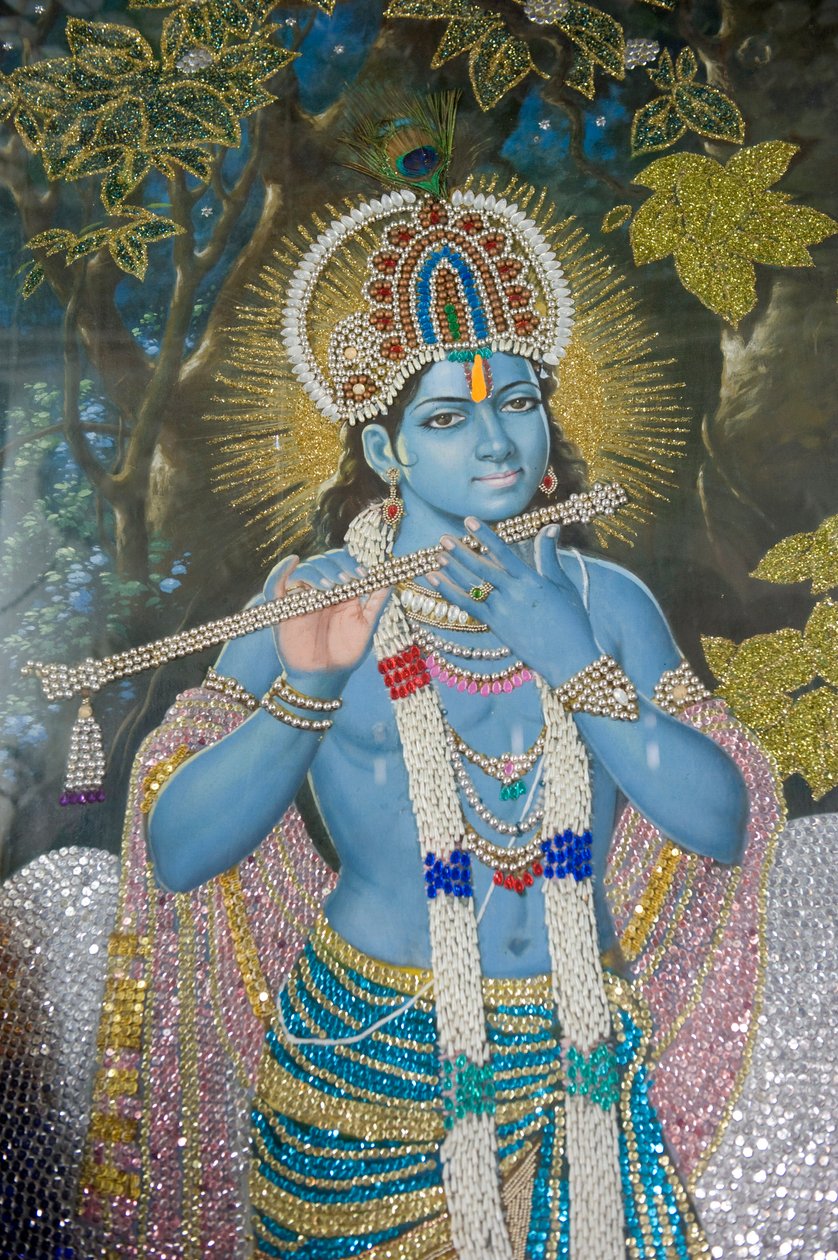 हिंदू धर्म; बांसुरी के साथ भगवान कृष्ण की पेंटिंग; दुर्गियाना मंदिर विष्णु मंदिर; अमृतसर; पंजाब; इंडिया; दक्षिण एशिया; एशिया द्वारा अज्ञात