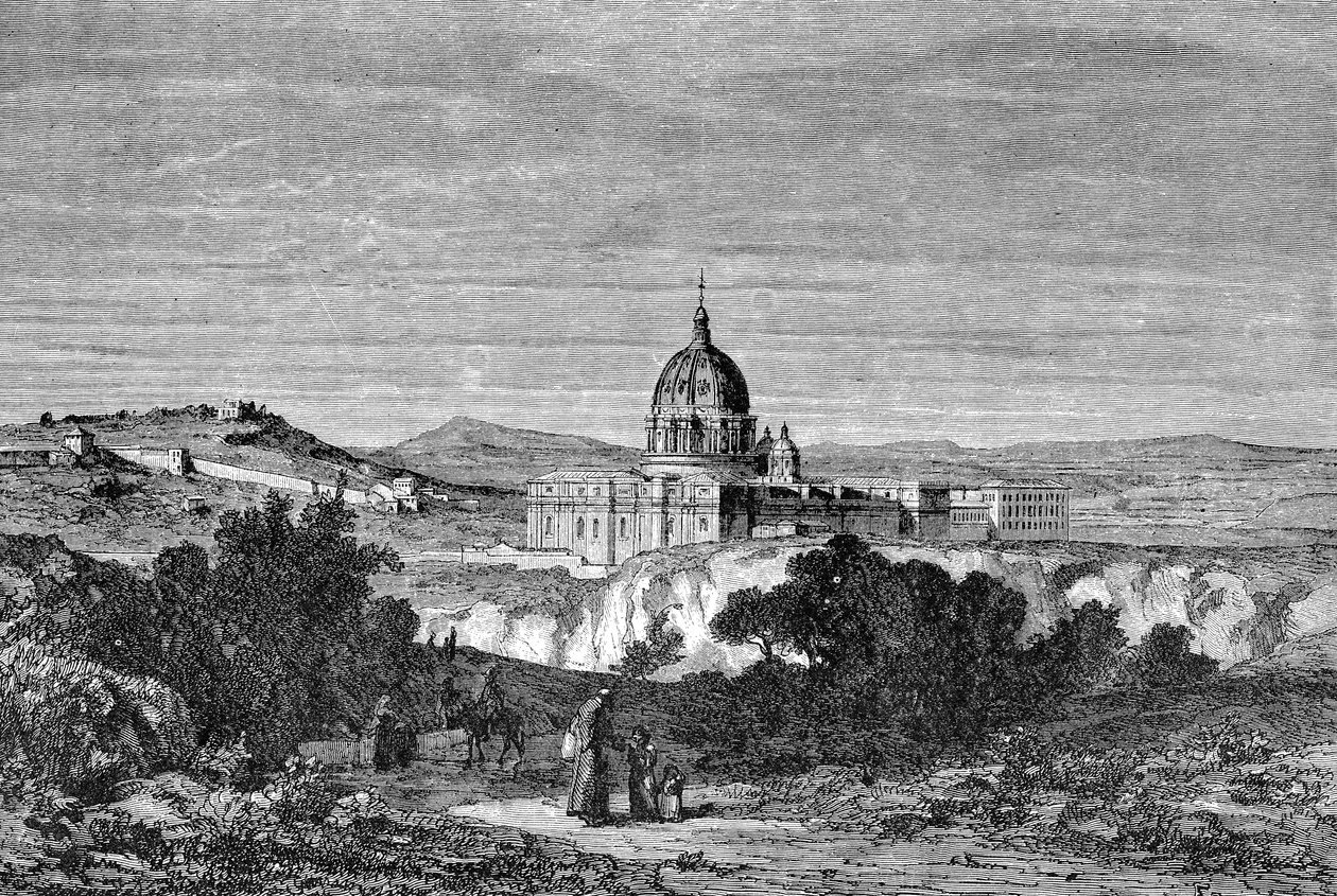 प्राचीन रोम का इतिहास। 1872 के सेंट पीटर की बेसिलिका और वेटिकन महलों की रोम की नक्काशी द्वारा अज्ञात