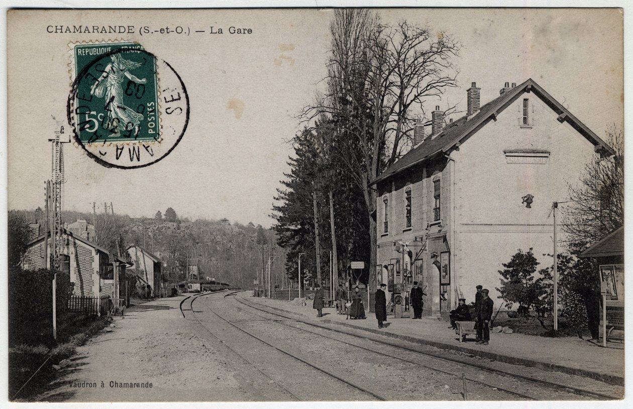 Ile de France, Essonne (91), Chamarande: ट्रेन स्टेशन का दृश्य - पोस्टकार्ड दिनांक 1908 द्वारा अज्ञात कलाकार