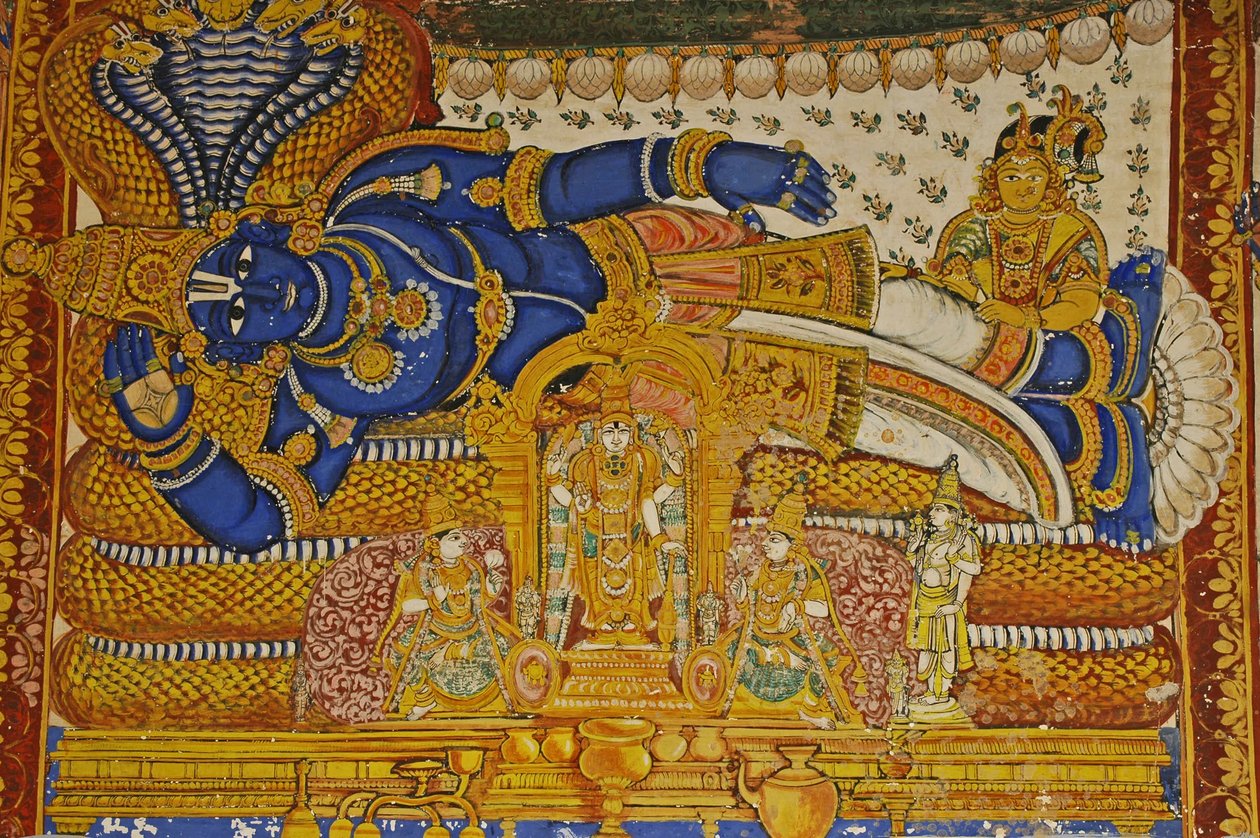 भारत, तमिलनाडु, श्रीरंगम, श्री रंगनाथस्वामी हिंदू मंदिर (मूल १०वीं शताब्दी), विष्णु की दीवार पेंटिंग। द्वारा अज्ञात