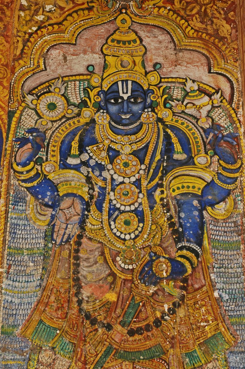भारत, तमिलनाडु, श्रीरंगम, श्री रंगनाथस्वामी हिंदू मंदिर (मूल १०वीं शताब्दी), विष्णु की दीवार पेंटिंग। द्वारा अज्ञात