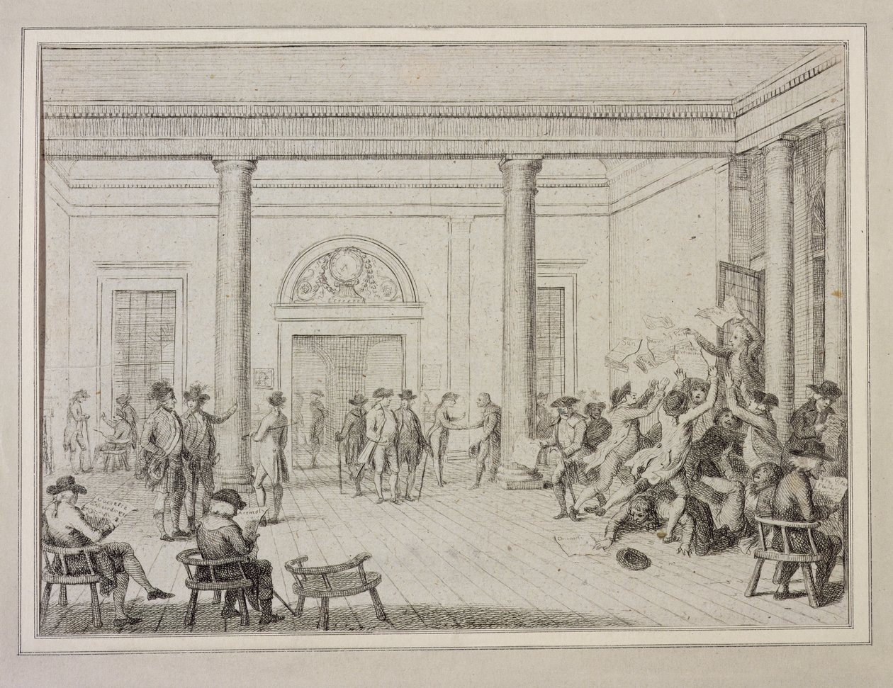 स्टॉक एक्सचेंज का इंटीरियर, c.1790 (नक़्क़ाशी) द्वारा अज्ञात