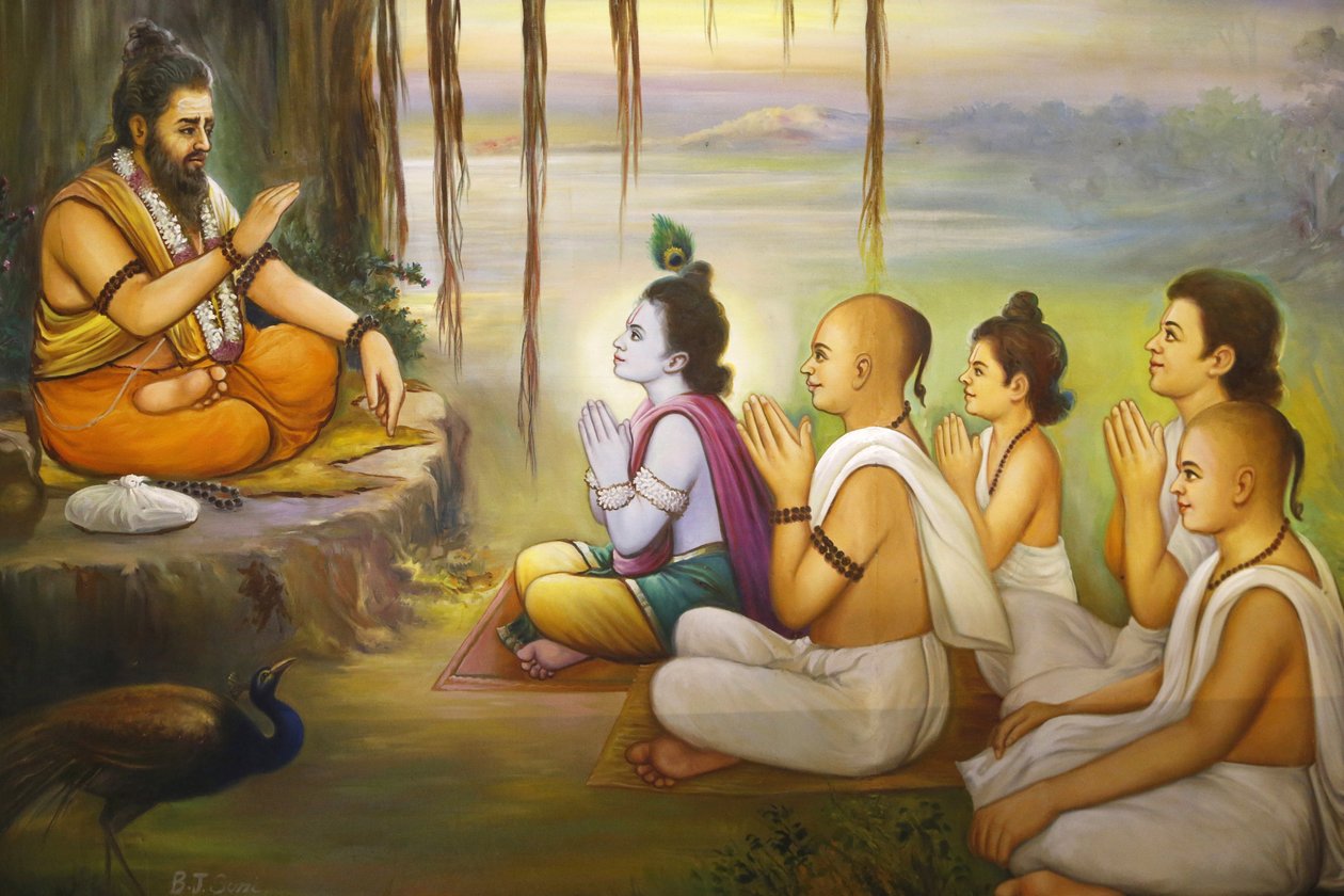 जलाराम प्रार्थना हिंदू मंदिर, लीसेस्टर। फ्रेस्को। बलराम को सुनते कृष्ण और भक्त। यूनाइटेड किंगडम द्वारा अज्ञात