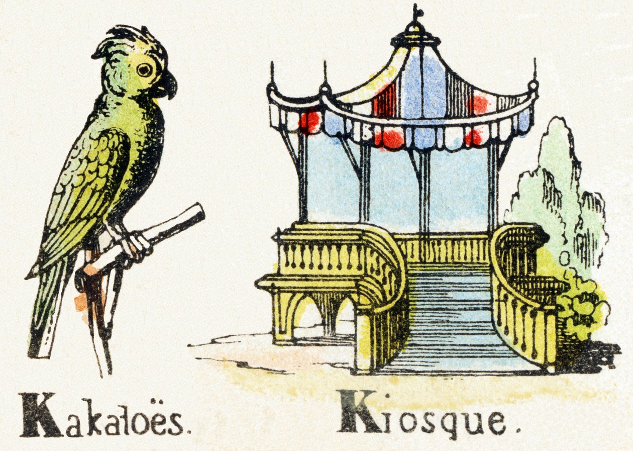 K - काकाटो कियोस्क - बाल मनोरंजन वर्णमाला c.1890 (लिथोग्राफ) द्वारा अज्ञात