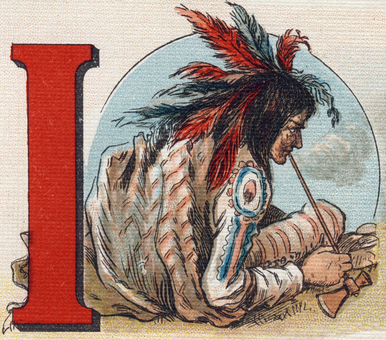 पत्र I: अमेरिकी भारतीय। "Alphabet de ma petite fille" में उत्कीर्णन। बर्नार्डिन-बेचेट एंड फिल्स, बुकसेलर-प्रकाशक, पेरिस, 1895 के आसपास। कैनवास पर अटूट एल्बम। बिब्लियोथेक डेस बेब्स। 12 पृष्ठ। एक पठन विधि और एक दृष्टांत युक्त एल्बम द्वारा अज्ञात