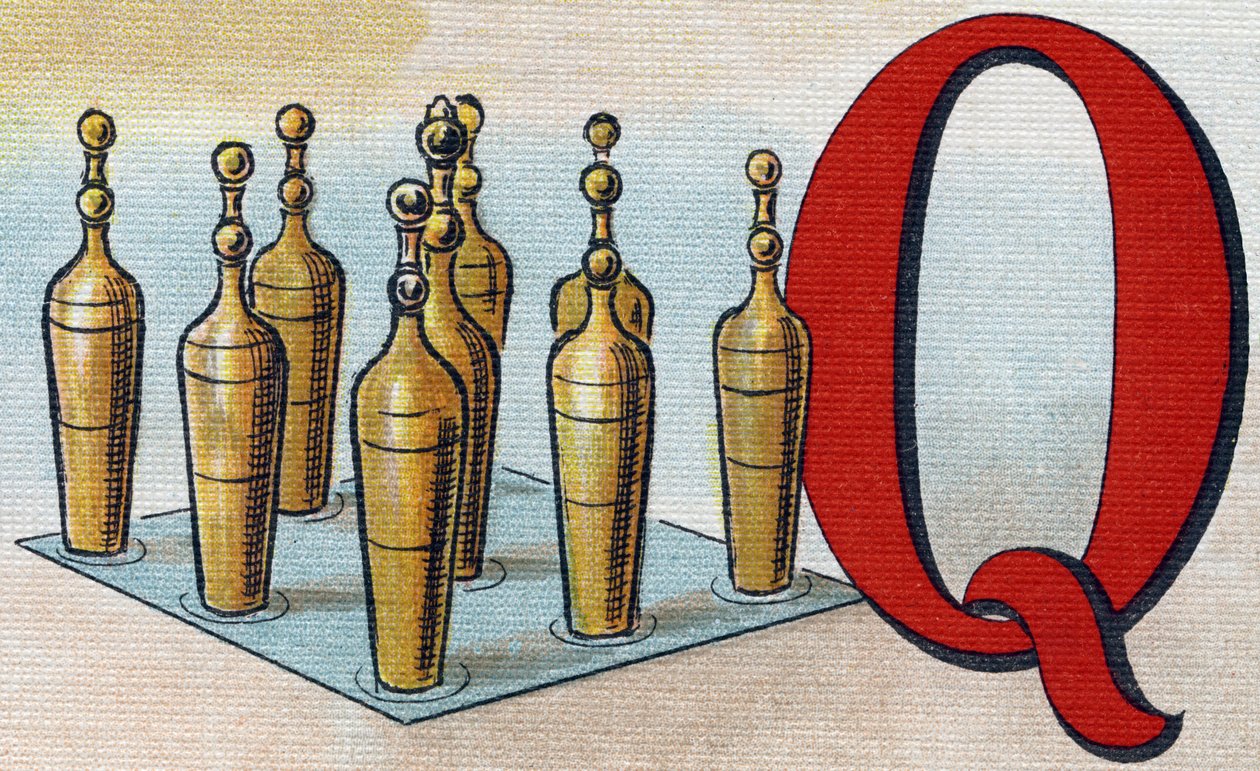 कील के रूप में पत्र क्यू। "Alphabet de ma petite fille" में उत्कीर्णन। बर्नार्डिन-बेचेट एंड फिल्स, बुकसेलर-प्रकाशक, पेरिस, 1895 के आसपास। कैनवास पर अटूट एल्बम। बिब्लियोथेक डेस बेब्स। 12 पृष्ठ। एक पठन विधि और एक उदाहरण अबेडा युक्त एल्बम द्वारा अज्ञात