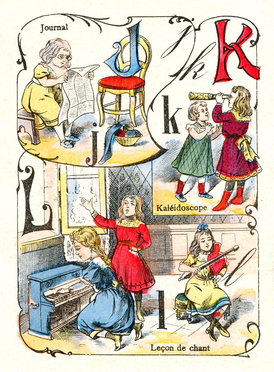 पत्र जेके और एल जर्नल, कैलिडोस्कोप और गायन लेकॉन के रूप में। "मज़ा वर्णमाला" में उत्कीर्णन। पोंट-ए-मूसन का इमेजिंग। लुई वाग्ने का मुद्रण और प्रकाशन, 19वीं सदी का अंत द्वारा अज्ञात