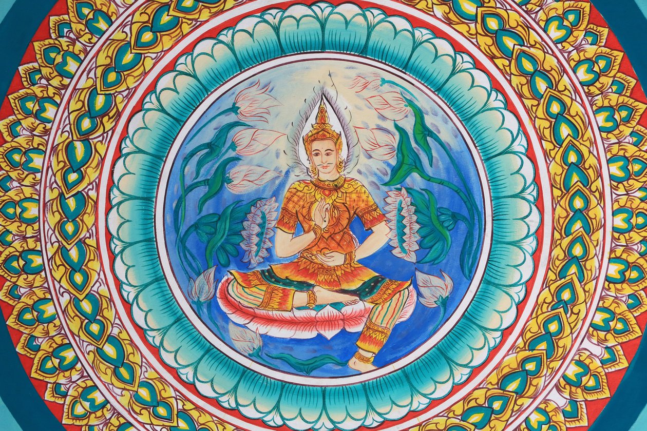 बुद्ध का जीवन। बुद्ध के जीवन को दर्शाती छत की कलाकृति। वाट इंपेंग। वेंटियन। लाओस, 20151029, वियनतियाने, लाओस द्वारा अज्ञात