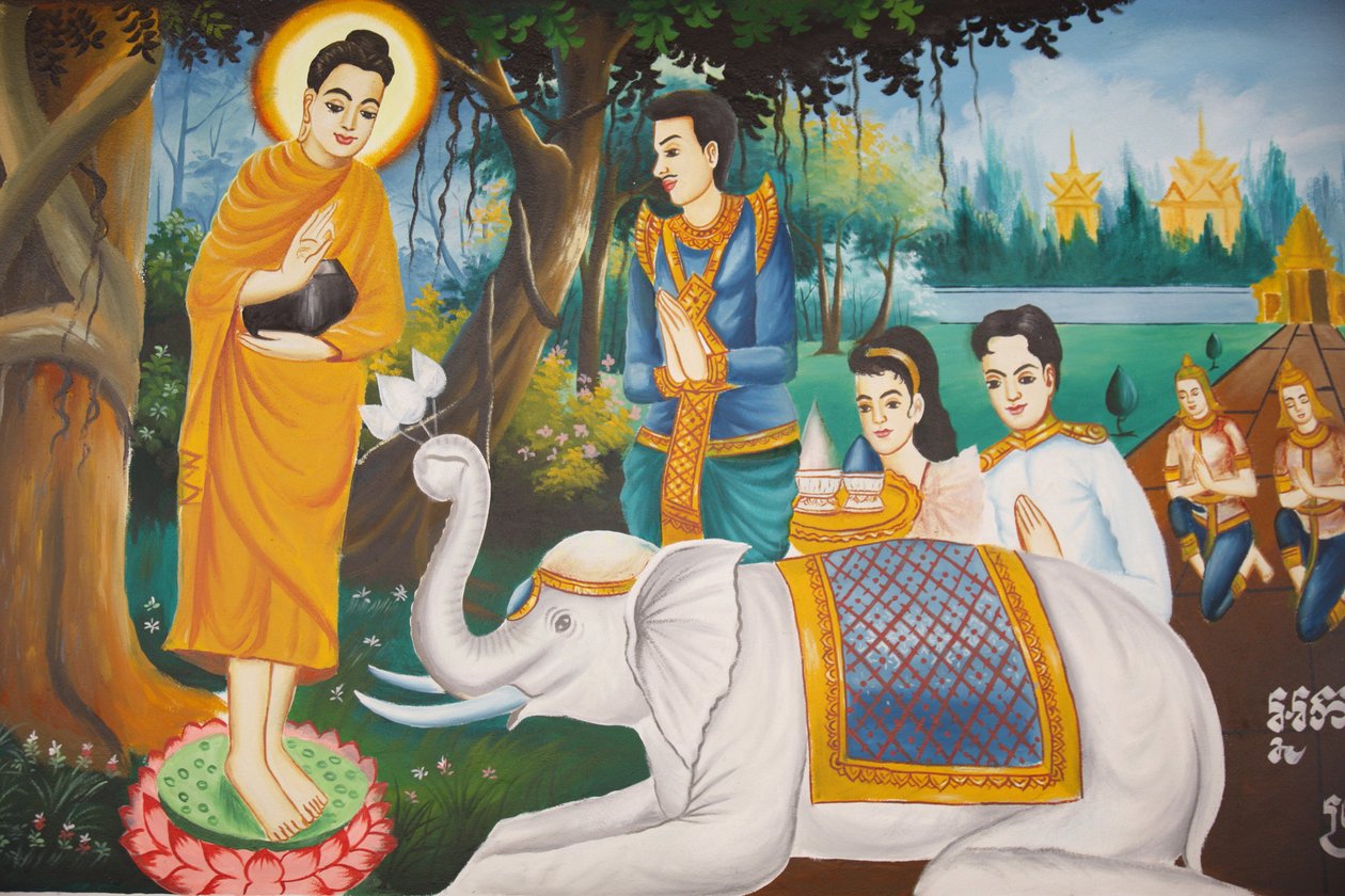 बुद्ध का जीवन: प्रेम-कृपा द्वारा पालतू बनाया गया एक जंगली हाथी, सिएम रीप, कंबोडिया द्वारा अज्ञात