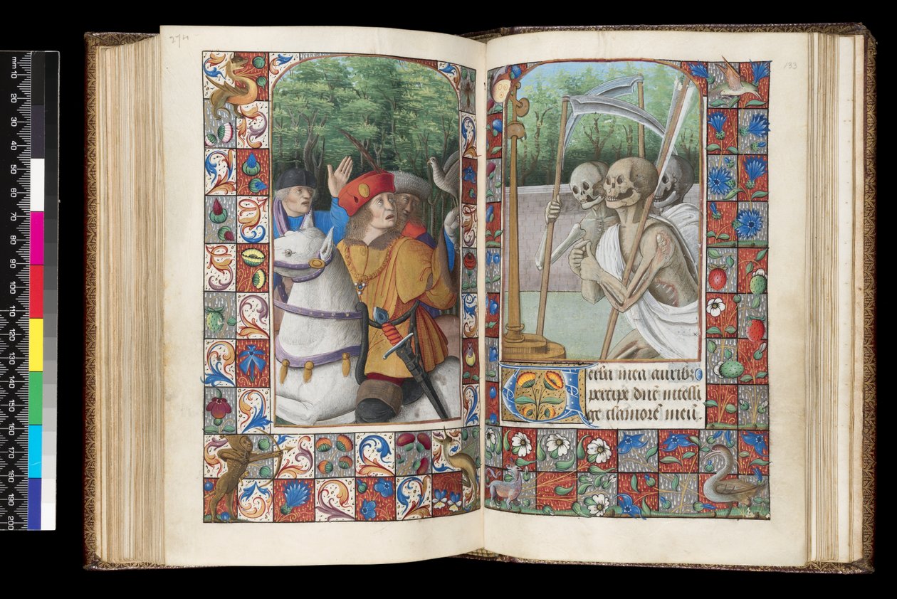 MS 92 f.132v-133r, ऑफ़िस ऑफ़ द डेड, मैटिंस, द थ्री लिविंग एंड द थ्री डेड, फ्रॉम द बुक ऑफ़ आवर्स, वेस्टर्न फ्रांस, रोम का उपयोग, 1490-1510 द्वारा अज्ञात