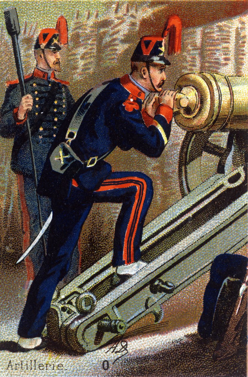 ओ: तोपखाने। "सैन्य वर्णमाला" में उत्कीर्णन। इलस्ट्रेटर के आद्याक्षर: AD अज्ञात प्रकाशक। 19 वीं सदी के अंत में क्रोमोलिथोग्राफ। मंद: 10,5x7 सेमी। द्वारा अज्ञात