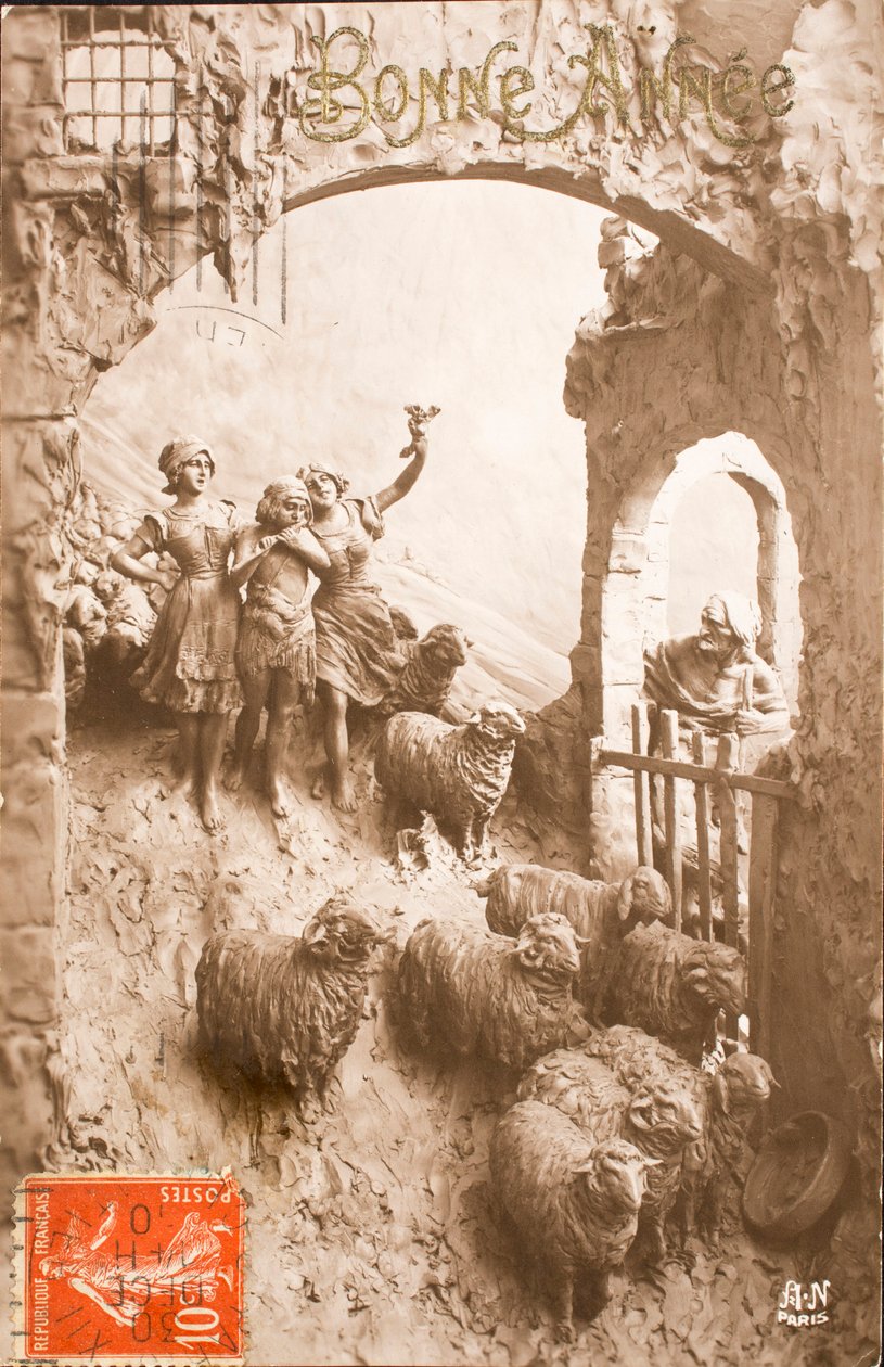 पुराना पोस्टकार्ड/हैप्पी ईयर/नमस्कार/बर्जरे/भेड़ द्वारा अज्ञात कलाकार