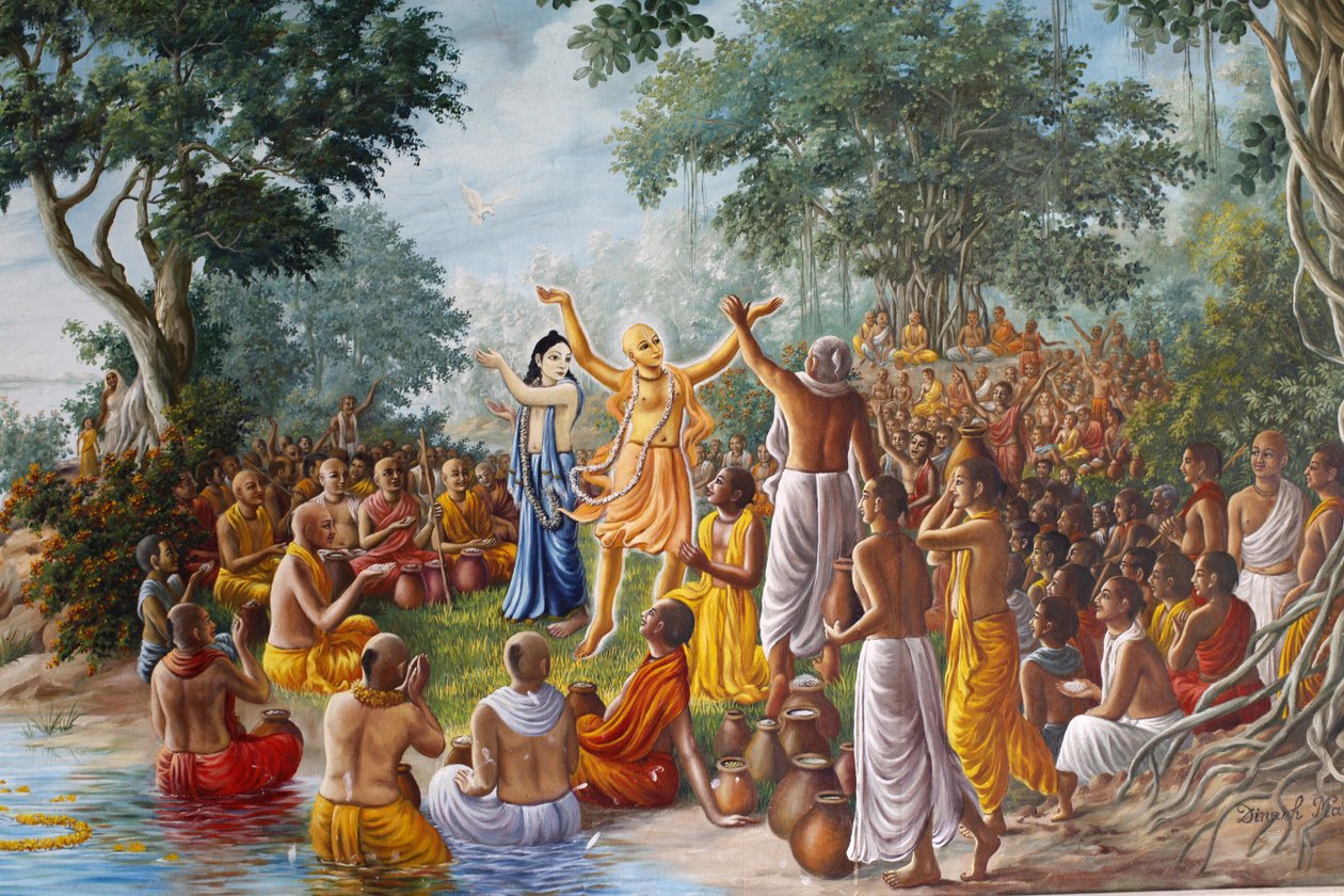 गंगा नदी के तट पर भगवान चैतन्य, भगवान नित्यानंद और उनके अनुयायियों को दर्शाते हुए भक्तिवेदांत मनोर में पेंटिंग। द्वारा अज्ञात