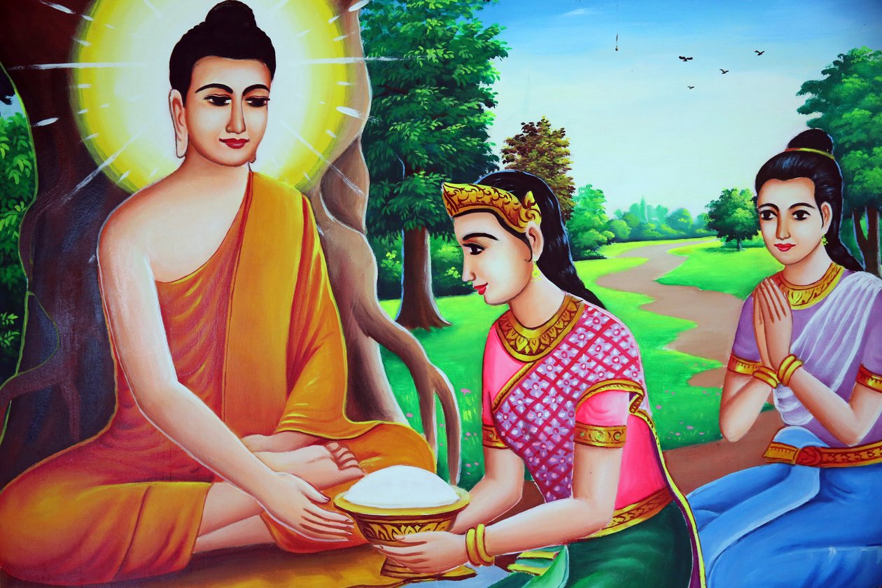 बुद्ध को प्रसाद ग्रहण करते हुए चित्रित करते चित्र। कंबोडिया द्वारा अज्ञात