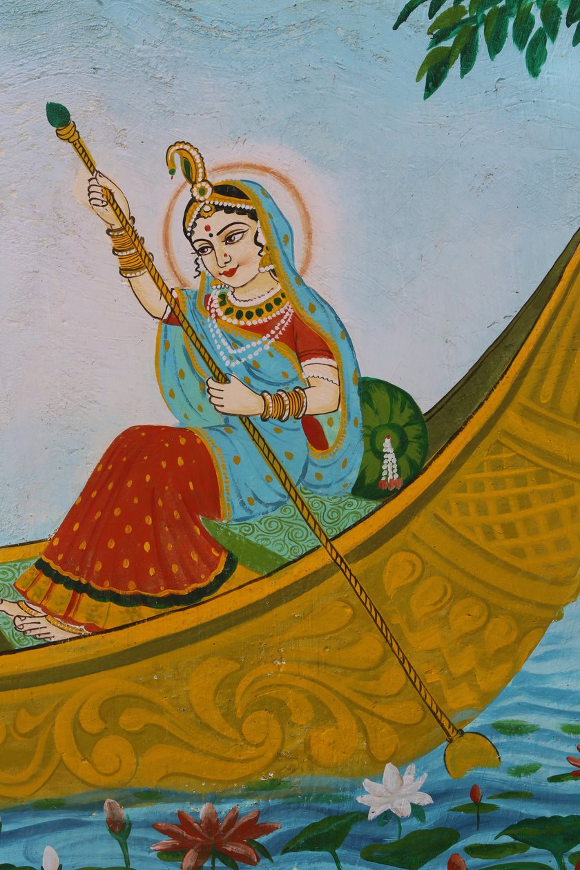 श्री राधा (कृष्ण की पत्नी) को नाव चलाते हुए चित्रित करते हुए चित्र। भारत द्वारा अज्ञात