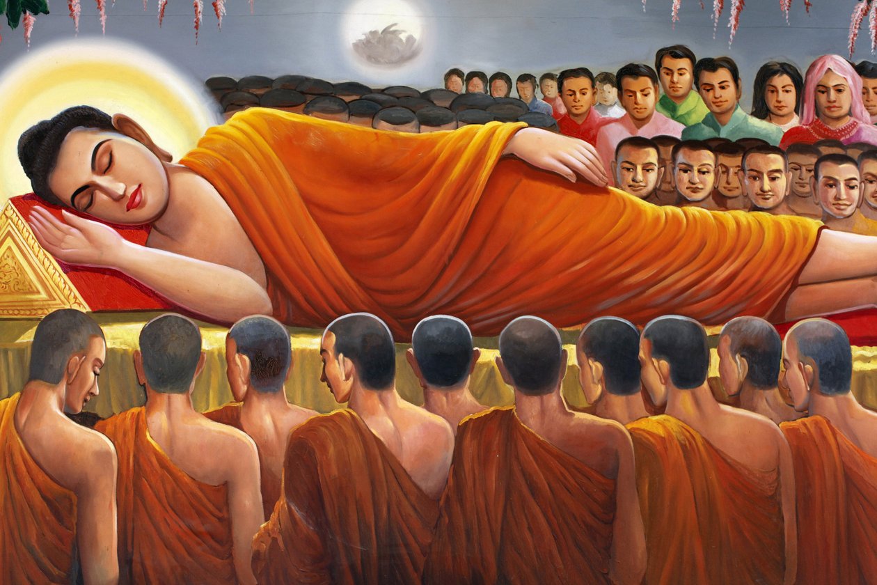 वाट टॉल टोमपोंग नोम पेन्ह कंबोज में एक लेटे हुए बुद्ध को दर्शाती पेंटिंग Paint द्वारा अज्ञात