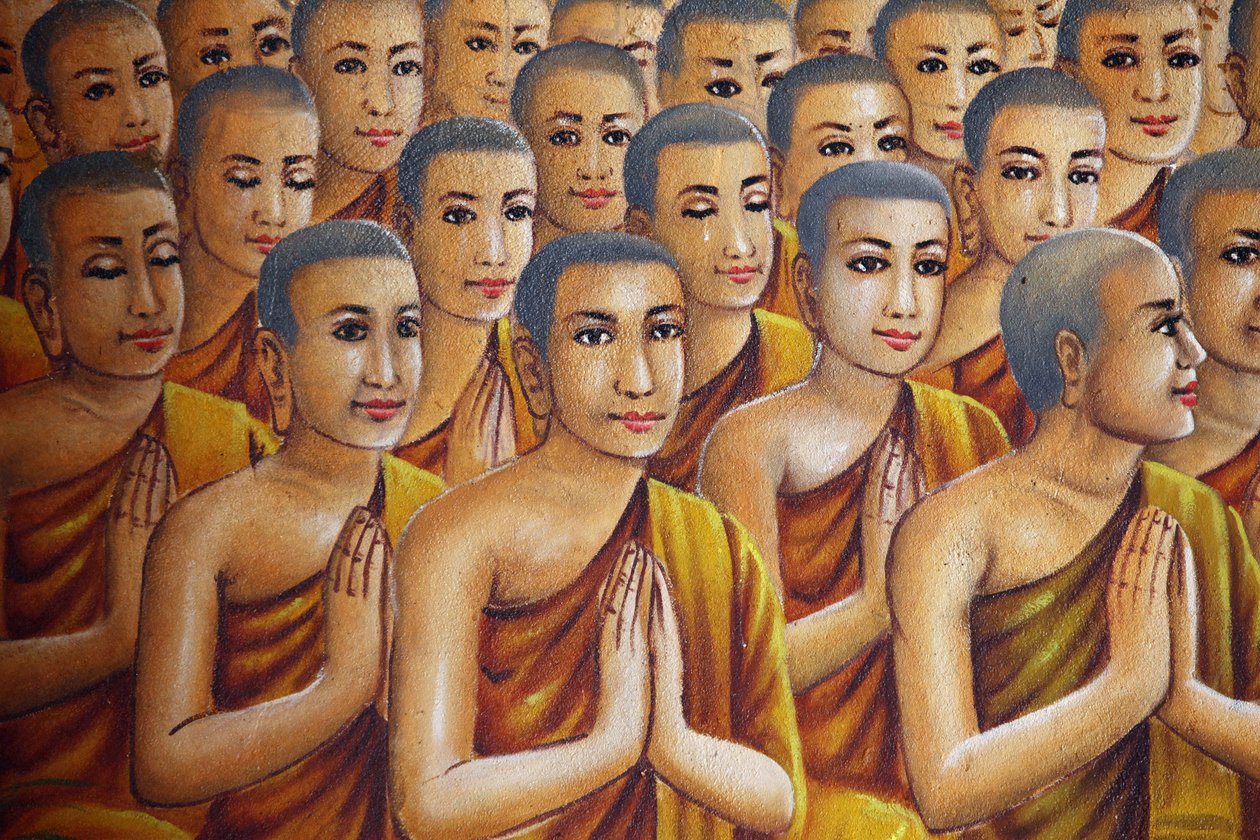भिक्षुओं को चित्रित करने वाली पेंटिंग (बुद्ध को सुनते हुए) उडोंग कंबोज द्वारा अज्ञात