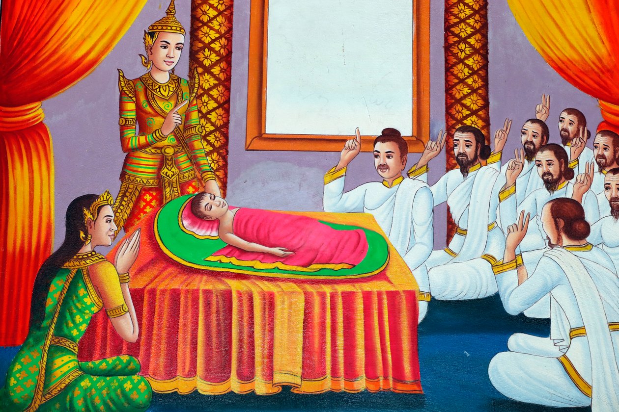 शाक्यमुनि बुद्ध की जीवन गाथा को दर्शाती पेंटिंग। एक बच्चे के रूप में बुद्ध। केप। कंबोडिया। (तस्वीर) द्वारा अज्ञात