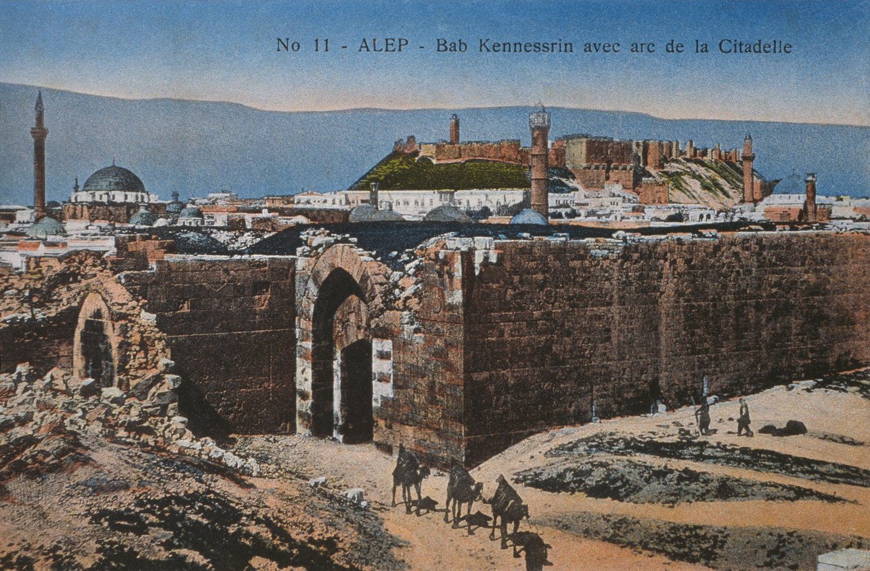 अलेप्पो में बाब क्विनासरीन और गढ़ को दर्शाने वाला पोस्टकार्ड, c.1920 (रंग फोटोलिथो) द्वारा अज्ञात
