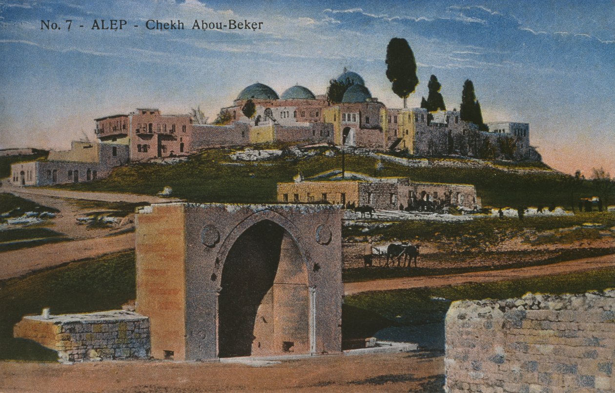 अलेप्पो, सीरिया में शेख अबू बक्र मस्जिद को दर्शाने वाला पोस्टकार्ड, c.1920 (रंगीन फोटोलिथो) द्वारा अज्ञात