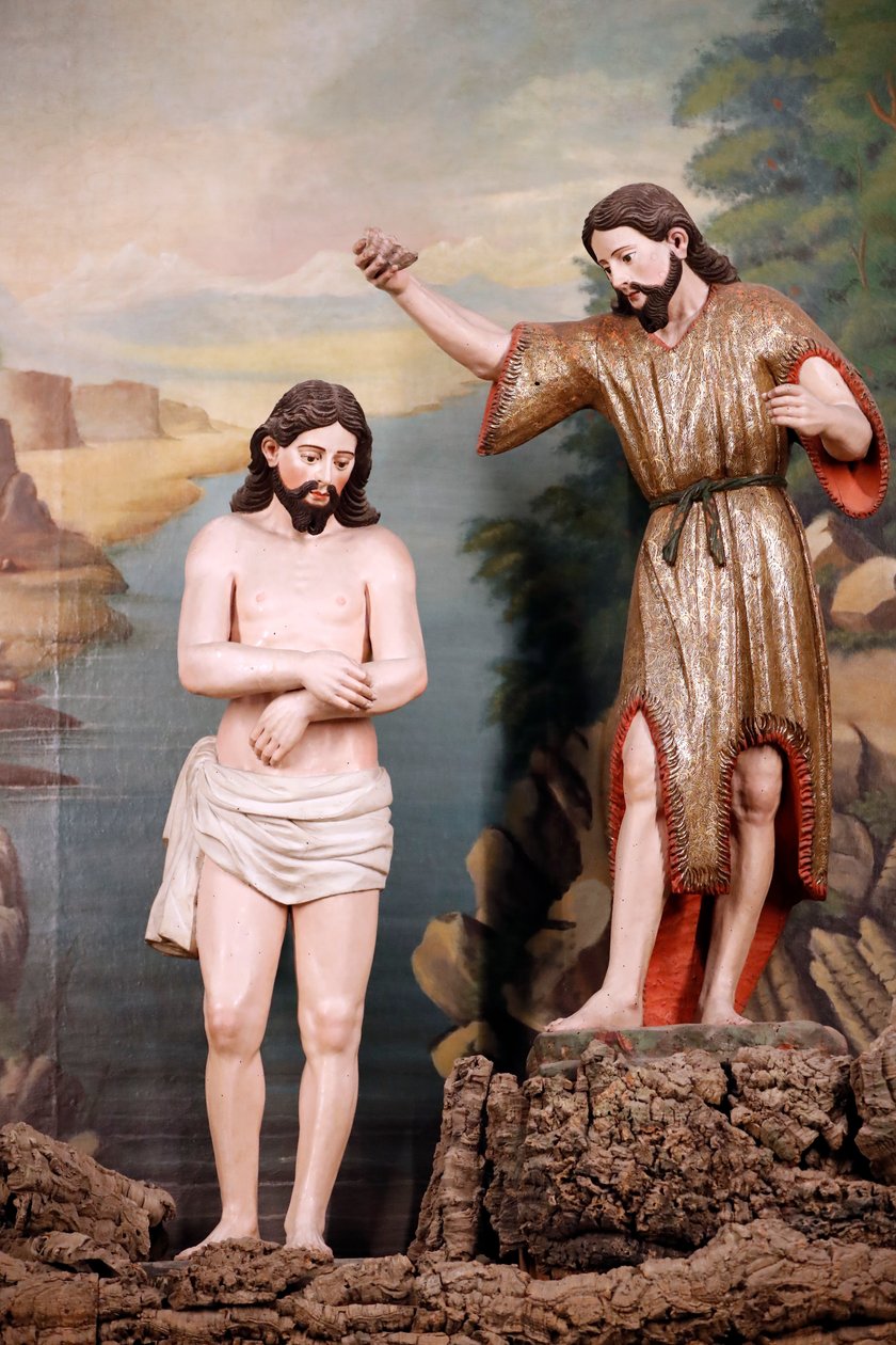 सेंट फ्रांसिस चर्च। जॉर्डन नदी के पानी में जॉन द बैपटिस्ट द्वारा मसीह का बपतिस्मा। इवोरा। पुर्तगाल। द्वारा अज्ञात कलाकार