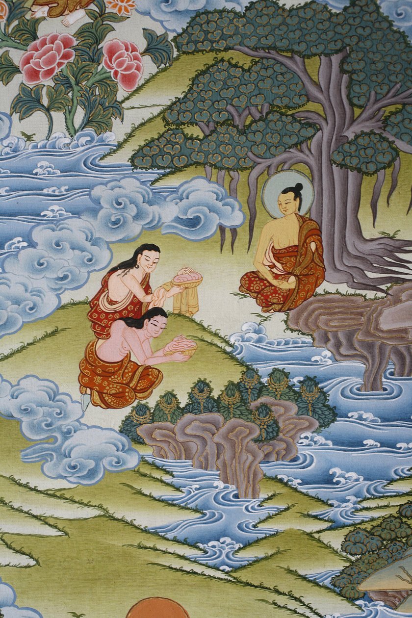 Sujata giving milk rice to Buddha. Thangka, Bhaktapur, Nepal द्वारा अज्ञात