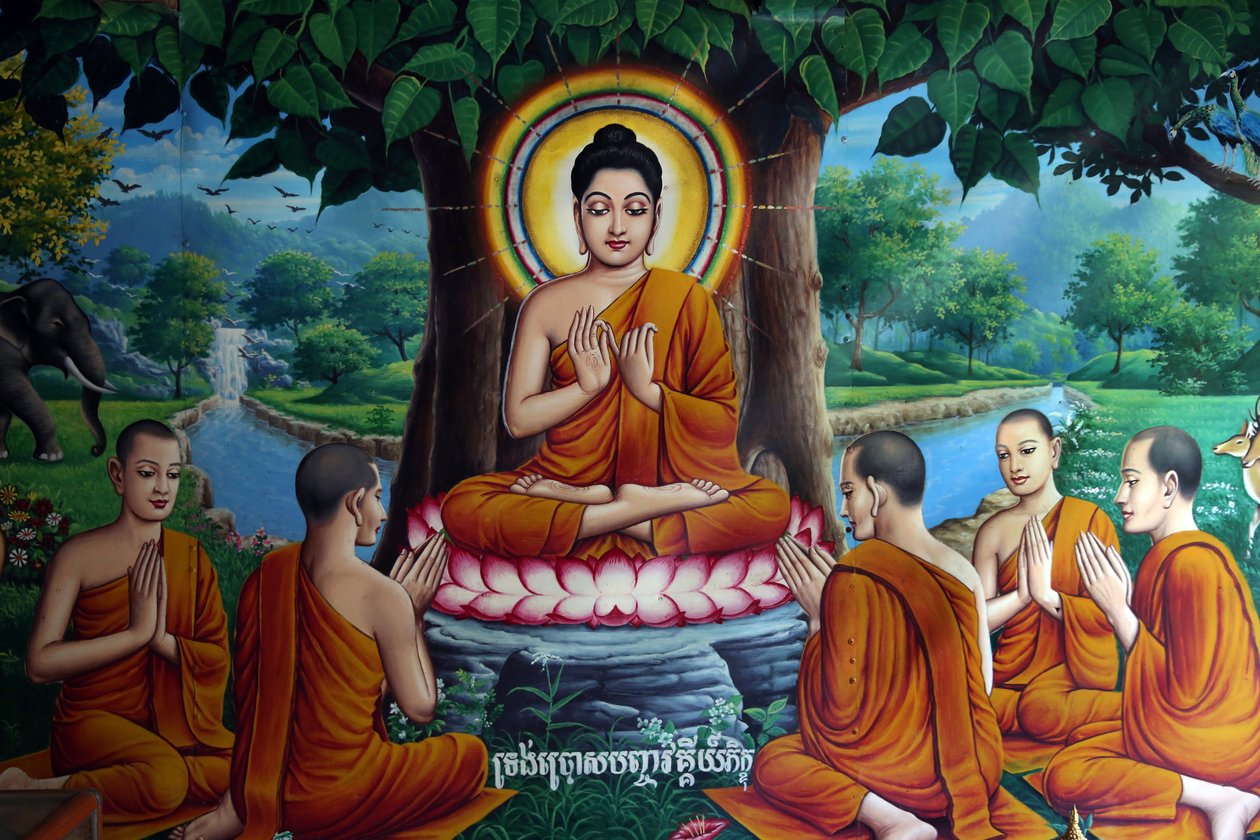मंदिर के भित्ति चित्र में बुद्ध को शिष्यों के साथ चित्रित किया गया है। कंबोडिया द्वारा अज्ञात