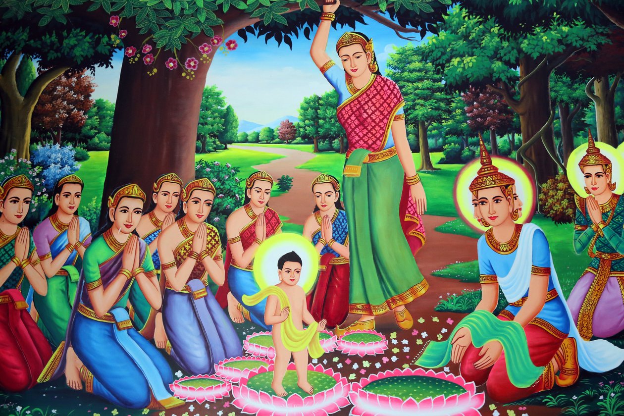 बुद्ध को एक शिशु के रूप में चित्रित करने वाली मंदिर पेंटिंग। कंबोडिया द्वारा अज्ञात