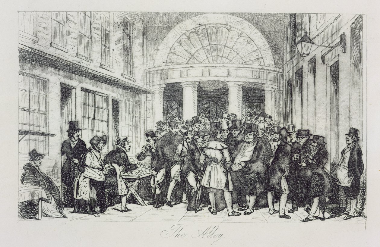 लंदन स्टॉक एक्सचेंज के प्रवेश द्वार पर 'द एले', बन सेलर, कैपेल कोर्ट, c.1850 (नक़्क़ाशी) द्वारा अज्ञात